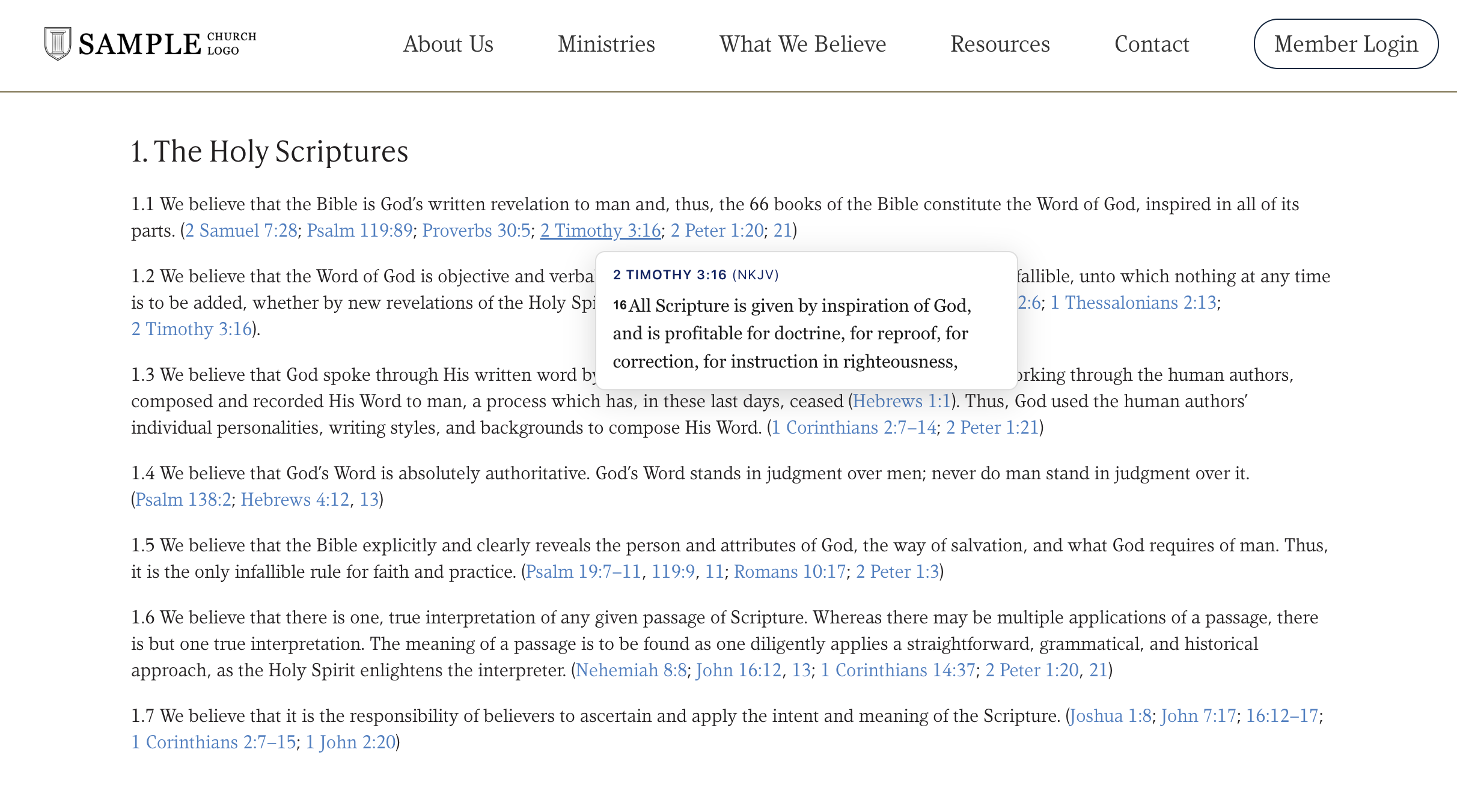A sample church page with every Bible reference tagged as a link, showing the verse text of 2 Timothy 3:16 in a popup